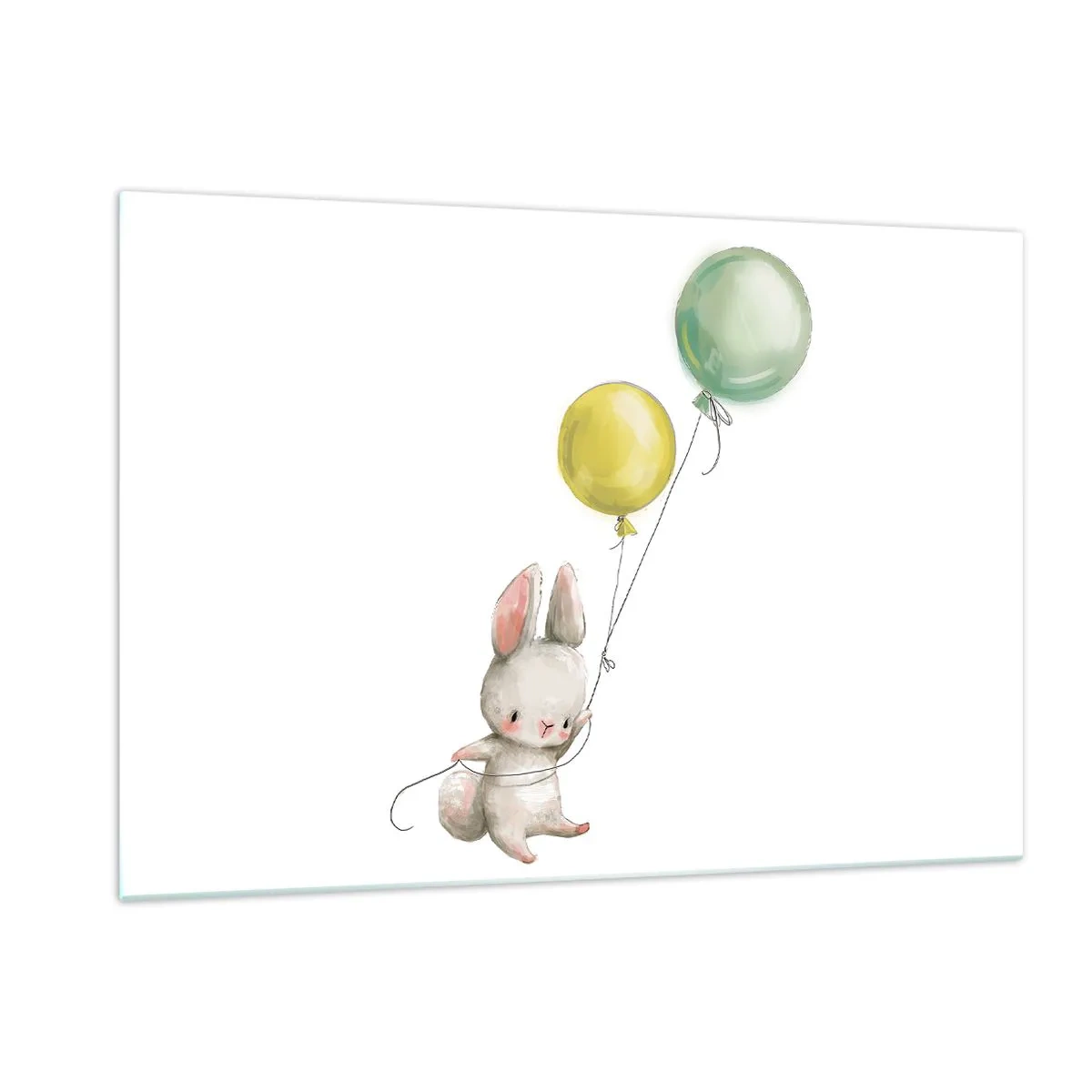 Cuadro sobre vidrio - Impresiones sobre Vidrio - Un conejito sosteniendo dos globos. - 120x80cm - ¡Yo también volaré! - Decoración de pared moderna para salón y dormitorio ARTTOR