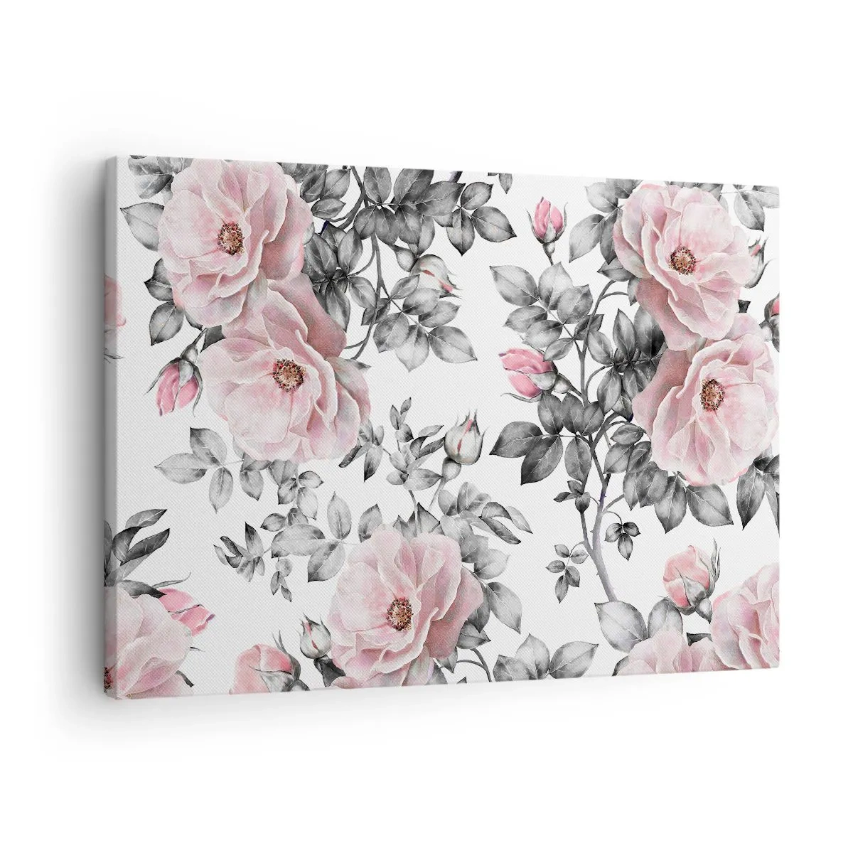 Cuadro sobre lienzo - Impresión de Imagen - Rosas rosas y hojas sobre un delicado fondo blanco y negro. - 70x50cm - Entre las rosas - Decoración de pared moderna para salón y dormitorio ARTTOR