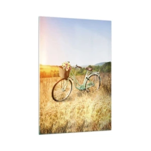 Cuadro sobre vidrio - Impresiones sobre Vidrio - Una bicicleta retro con una cesta llena de flores sobre un fondo de pradera. - 70x100cm - Me quedaré aquí un tiempo - Decoración de pared moderna para salón y dormitorio ARTTOR