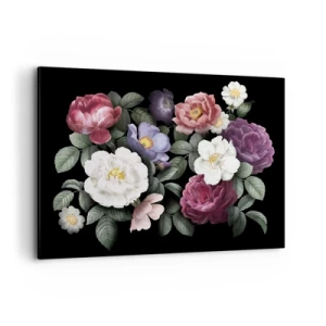 Cuadro sobre lienzo - Impresión de Imagen - Flores en varios colores sobre fondo negro. - 100x70cm - De un jardín inglés - Decoración de pared moderna para salón y dormitorio ARTTOR