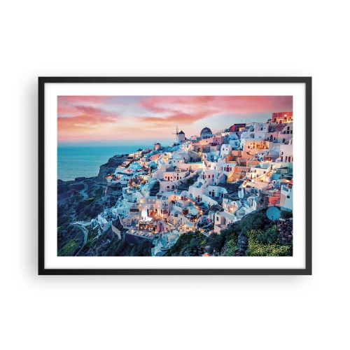 Póster en marco negro - Santorini al atardecer con edificios blancos en la colina - 70x50cm - Vacaciones en Grecia - Decoración de pared moderna para salón y dormitorio ARTTOR
