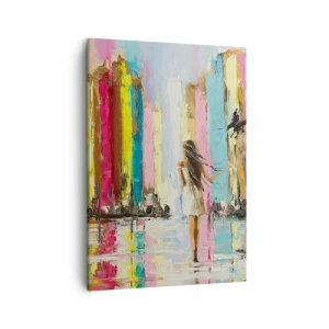 Cuadro sobre lienzo - Impresión de Imagen - Una ciudad colorida y una mujer con un vestido blanco con un pájaro. - 50x70cm - Sígueme - Decoración de pared moderna para salón y dormitorio ARTTOR