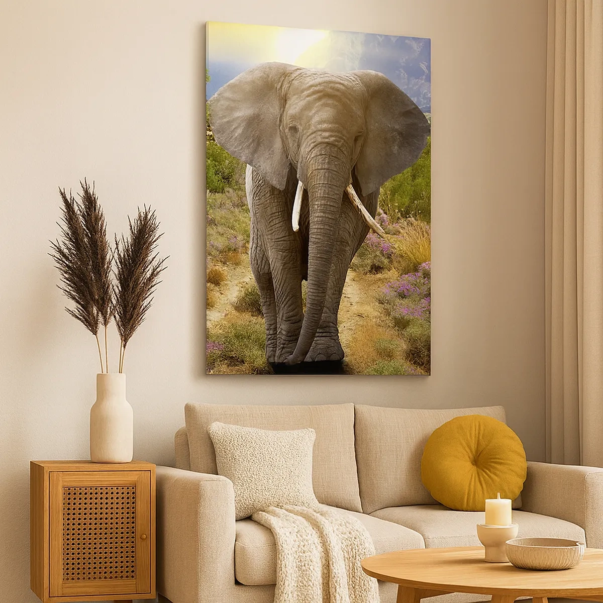 Cuadro sobre lienzo - Impresión de Imagen - Un elefante africano frente a un paisaje de sabana y montaña. - 50x70cm - Este es el aspecto del Edén - Decoración de pared moderna para salón y dormitorio ARTTOR