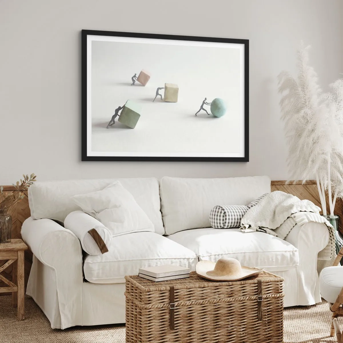 Póster en marco negro - Figuras en miniatura que empujan formas contra un fondo claro. - 70x50cm - El avance de la geometría - Decoración de pared moderna para salón y dormitorio ARTTOR