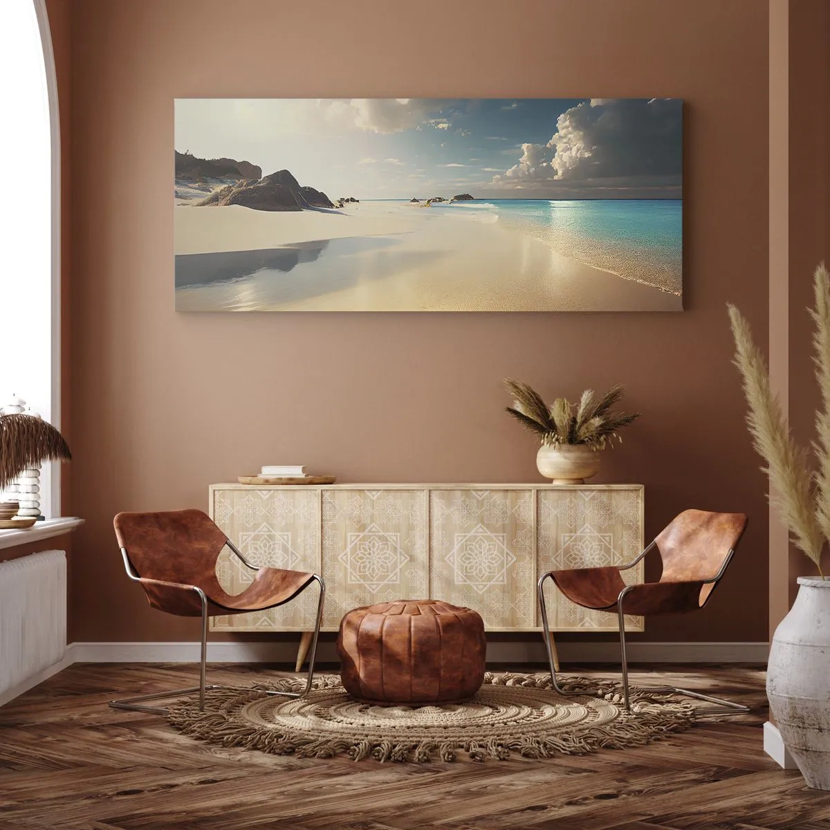 Cuadro sobre lienzo - Impresión de Imagen - Una playa soleada con mar azul y rocas. - 160x50cm - Un día de ensueño - Decoración de pared moderna para salón y dormitorio ARTTOR