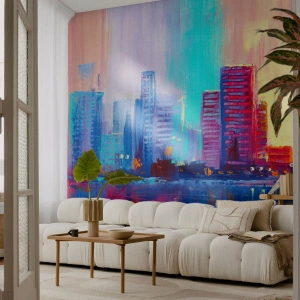 Fotomural Premium Sand - Un colorido paisaje urbano abstracto reflejado en el agua. - 100x70cm - Bañado en color - Decoración de pared moderna para salón y dormitorio ARTTOR