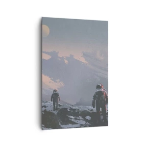 Cuadro sobre lienzo - Impresión de Imagen - Astronautas en un planeta alienígena con una nave espacial destrozada - 80x120cm - Bajo una estrella desconocida - Decoración de pared moderna para salón y dormitorio ARTTOR