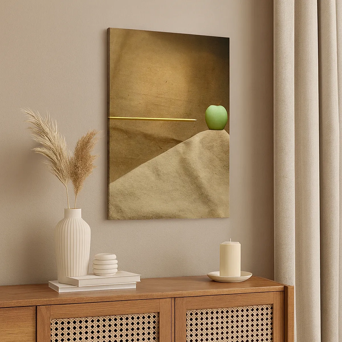 Cuadro sobre lienzo - Impresión de Imagen - Manzana verde sobre tela con una flecha creando una composición - 50x70cm - Evocar el espíritu de Wilhelm Tell - Decoración de pared moderna para salón y dormitorio ARTTOR