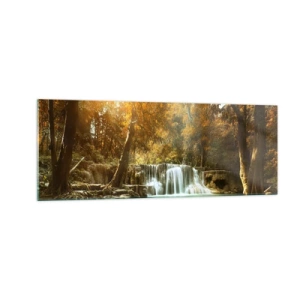 Cuadro sobre vidrio - Impresiones sobre Vidrio - Paisaje otoñal con cascada - 140x50cm - Una cascada en el parque - Decoración de pared moderna para salón y dormitorio ARTTOR