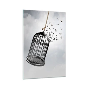 Cuadro sobre vidrio - Impresiones sobre Vidrio - Pájaros volando desde una jaula contra el cielo. - 70x100cm - Fe... Esperanza... ¡Libertad! - Decoración de pared moderna para salón y dormitorio ARTTOR