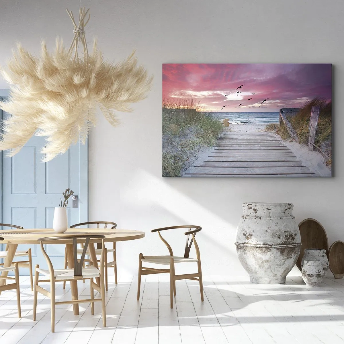 Cuadro sobre lienzo - Impresión de Imagen - Camino de madera en la playa al atardecer rosa - 70x50cm - Impresión del Báltico - Decoración de pared moderna para salón y dormitorio ARTTOR
