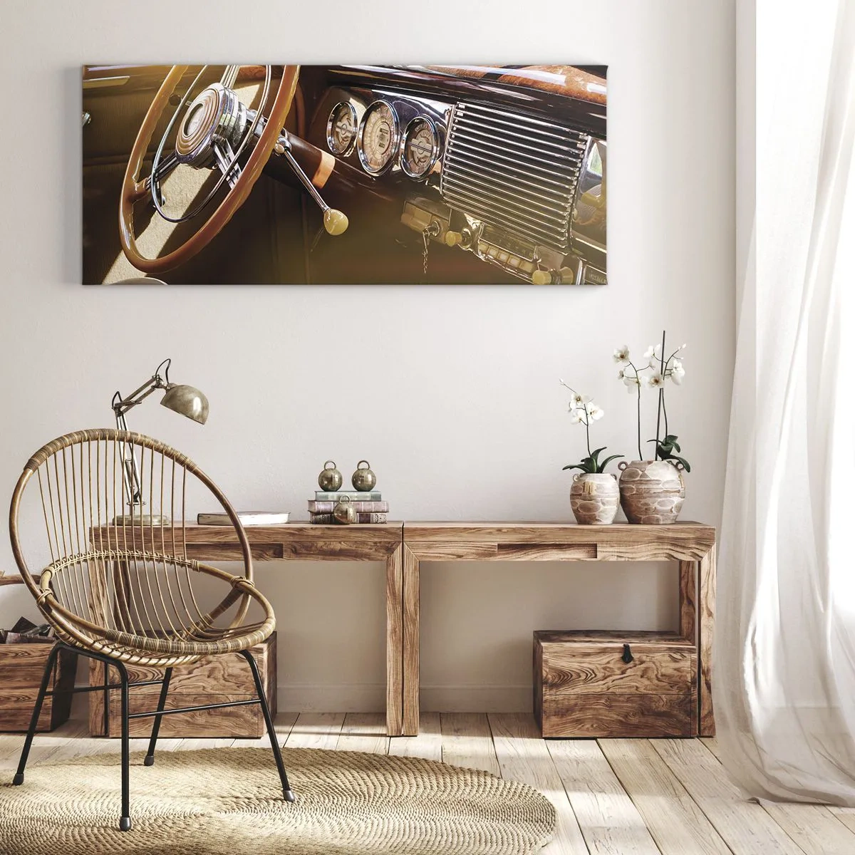 Cuadro sobre lienzo - Impresión de Imagen - Primer plano del interior de un coche clásico con detalles en madera y cromo. - 160x50cm - Un soplo de lujo del pasado - Decoración de pared moderna para salón y dormitorio ARTTOR