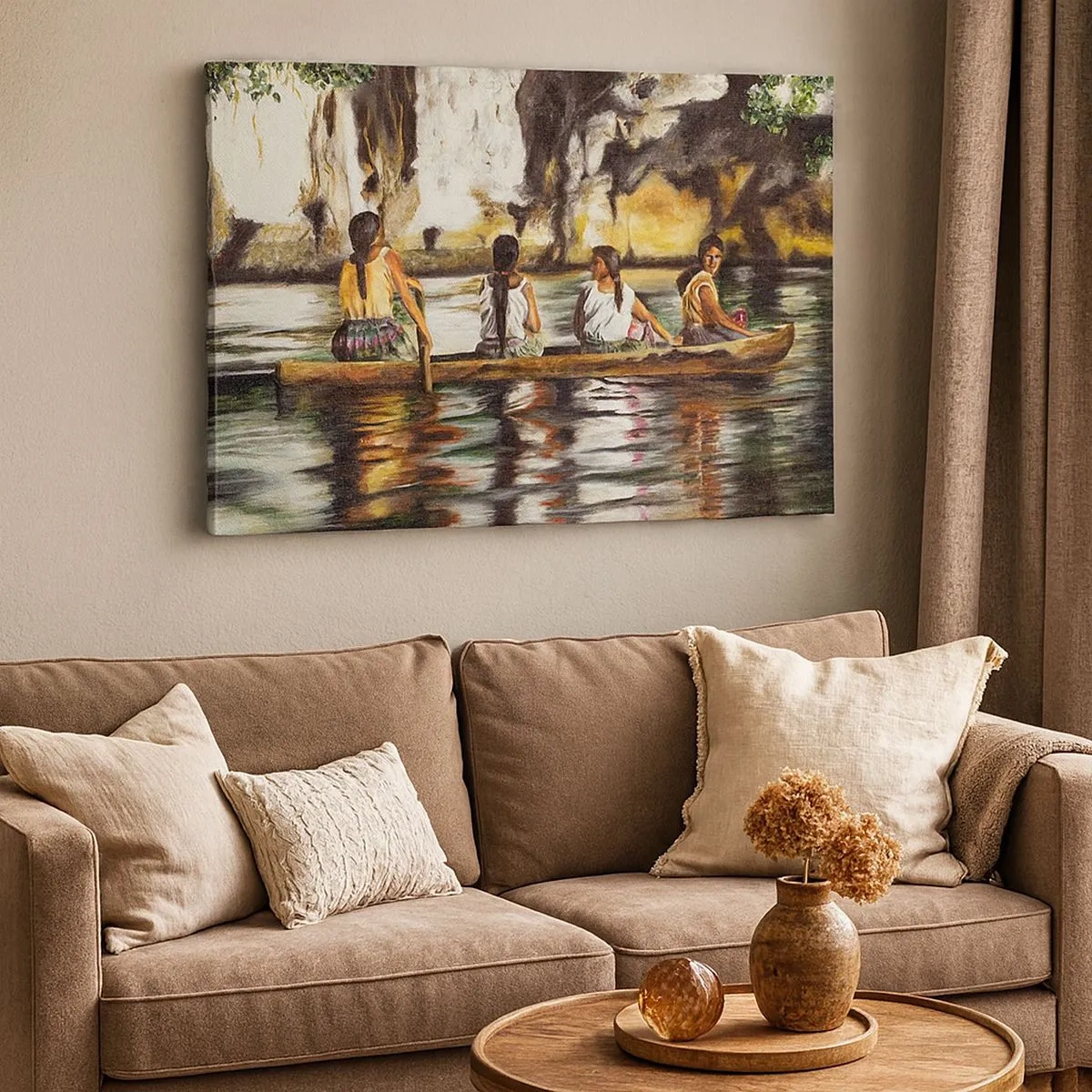 Cuadro sobre lienzo - Impresión de Imagen - Mujeres en un bote en un río tranquilo con un fondo pintoresco - 70x50cm - En un paraíso polinesio - Decoración de pared moderna para salón y dormitorio ARTTOR