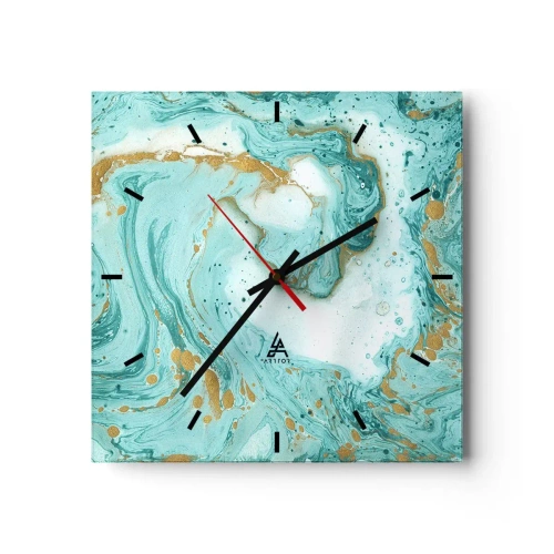 Reloj de pared - Reloj de vidrio - Mármol turquesa con acentos dorados en una composición abstracta. - 30x30cm - Bajo la gran ola del periodo Edo - Decoración de pared moderna para salón y dormitorio ARTTOR