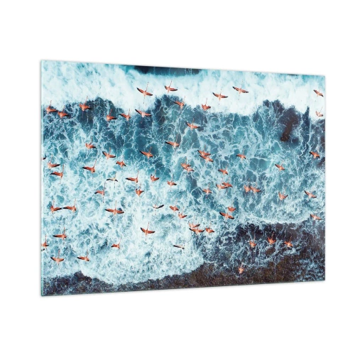 Cuadro sobre vidrio - Impresiones sobre Vidrio - Flamencos rosados sobre las agitadas olas del océano - 100x70cm - Un desfile marítimo - Decoración de pared moderna para salón y dormitorio ARTTOR