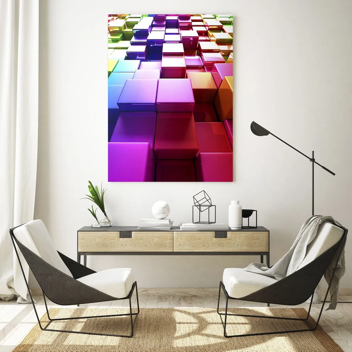 Cuadro sobre vidrio - Impresiones sobre Vidrio - Cubos geométricos 3D coloridos - 80x120cm - Op-art en equipo - Decoración de pared moderna para salón y dormitorio ARTTOR