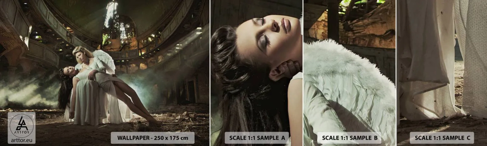 Muestra de fotomural autoadhesivo Deluxe Sticker - El espíritu del viejo teatro - Mujer, Ángel, Pedazo - 100x30 cm