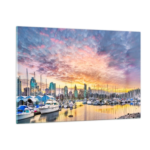 Cuadro sobre vidrio - Impresiones sobre Vidrio - Puesta de sol sobre el puerto deportivo con barcos y rascacielos - 120x80cm - Una ciudad de mil marineros - Decoración de pared moderna para salón y dormitorio ARTTOR