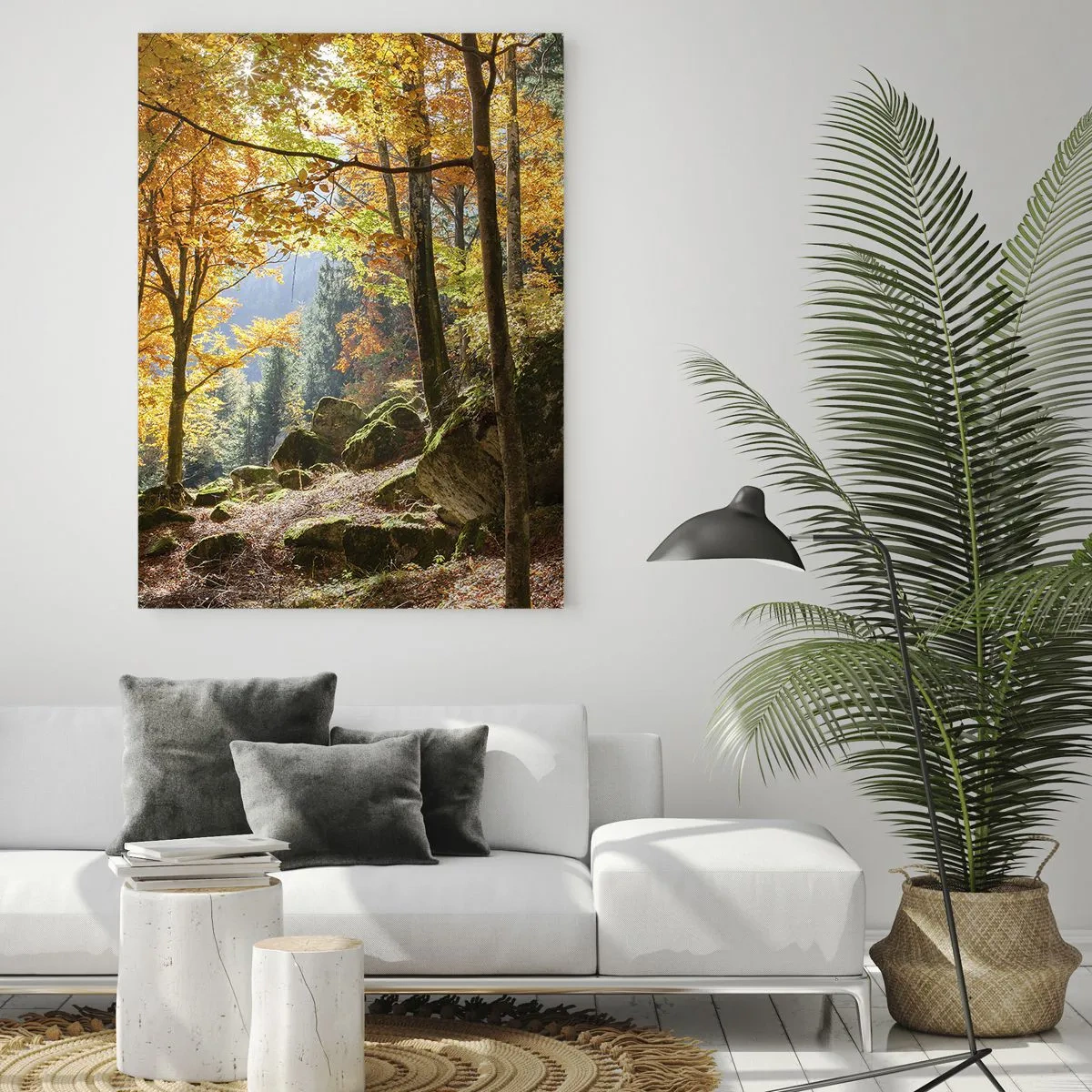 Cuadro sobre vidrio - Impresiones sobre Vidrio - Un bosque otoñal lleno de hojas doradas y luz solar. - 80x120cm - Tiempo de descanso - Decoración de pared moderna para salón y dormitorio ARTTOR