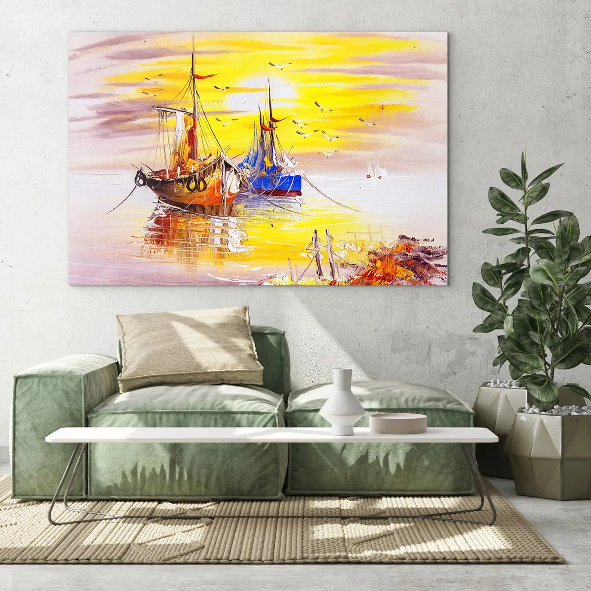 Cuadro sobre vidrio - Impresiones sobre Vidrio - Barcos de pesca al atardecer en aguas tranquilas - 70x50cm - Un merecido descanso en el puerto - Decoración de pared moderna para salón y dormitorio ARTTOR