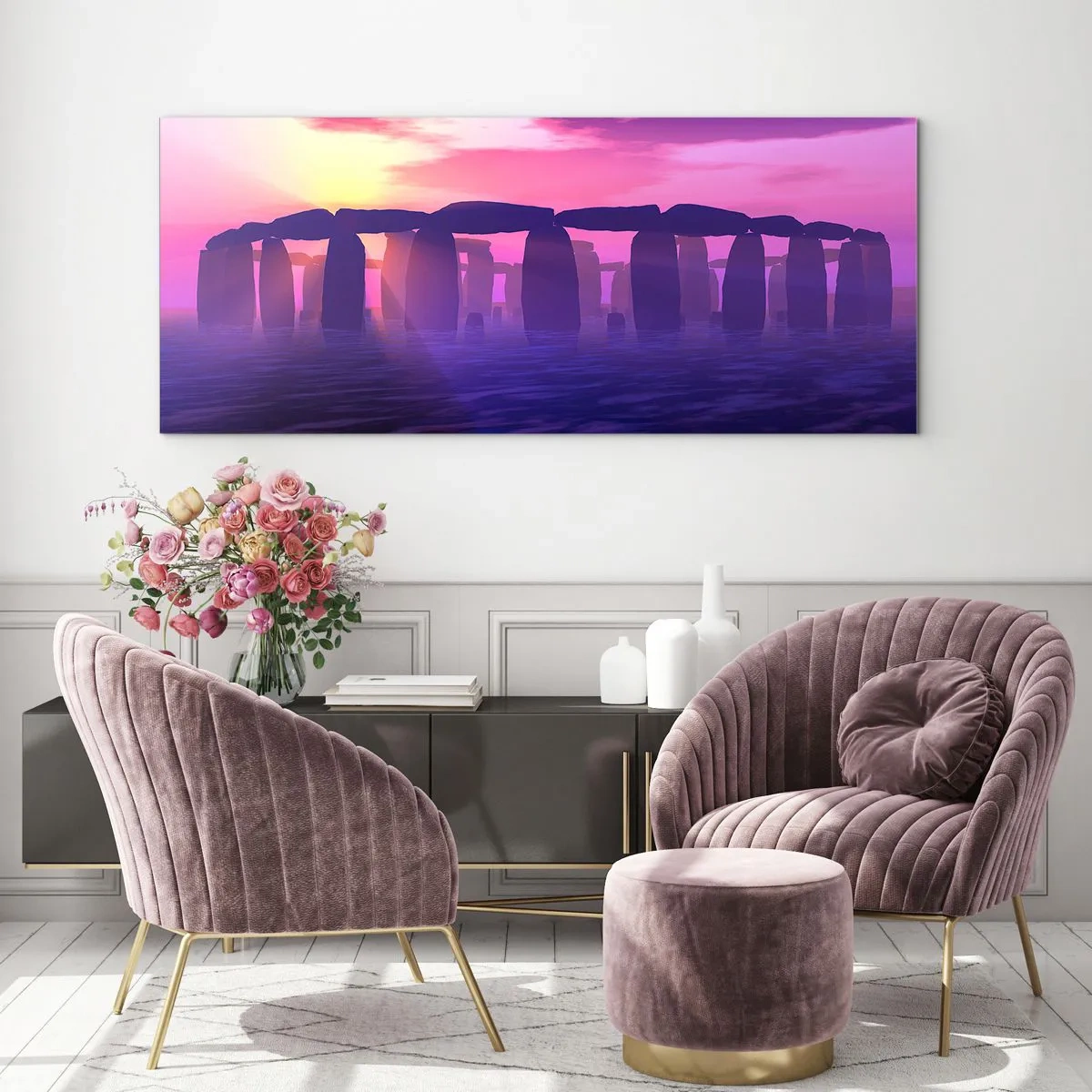 Cuadro sobre vidrio - Impresiones sobre Vidrio - Círculo de piedras al atardecer con un cielo violeta - 140x50cm - Misterio al amanecer en la niebla - Decoración de pared moderna para salón y dormitorio ARTTOR