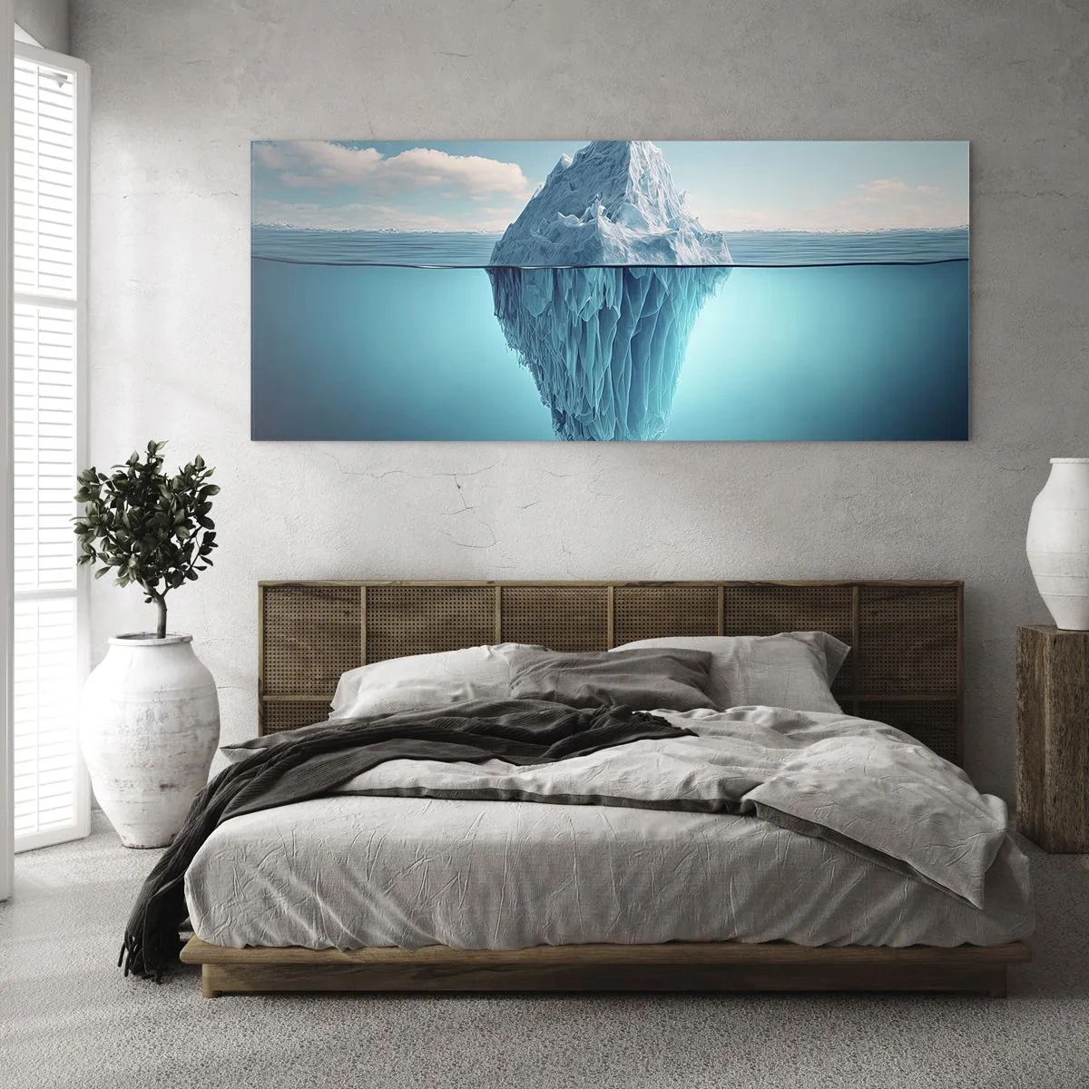 Cuadro sobre vidrio - Impresiones sobre Vidrio - Un iceberg visible por encima y por debajo de la superficie del agua. - 160x50cm - El trono de hielo - Decoración de pared moderna para salón y dormitorio ARTTOR