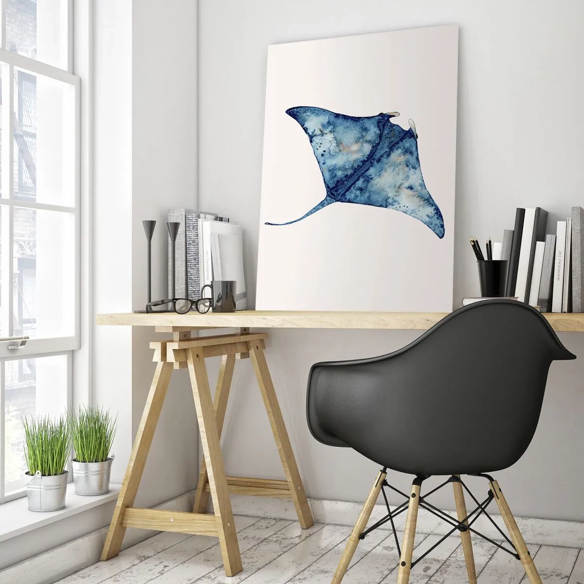 Cuadro sobre vidrio - Impresiones sobre Vidrio - Rayo azul marino en estilo acuarela sobre fondo blanco. - 50x70cm - La vida en azul - Decoración de pared moderna para salón y dormitorio ARTTOR