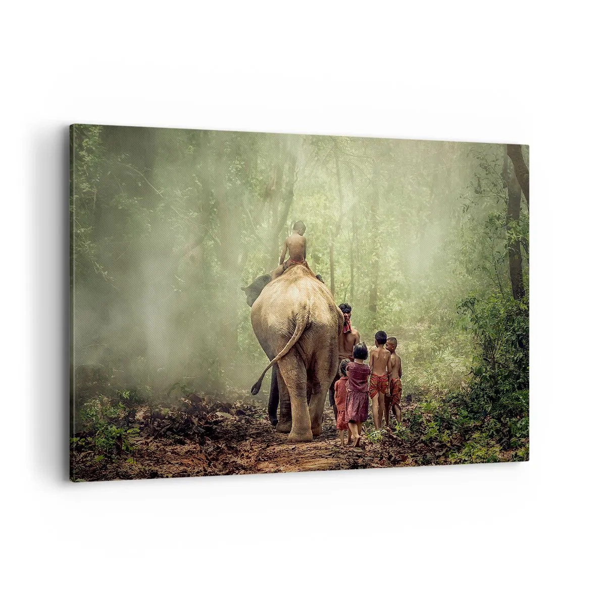 Cuadro sobre lienzo - Impresión de Imagen - Niños con un elefante en un bosque verde a la luz de la mañana. - 120x80cm - El nuevo libro de la selva - Decoración de pared moderna para salón y dormitorio ARTTOR
