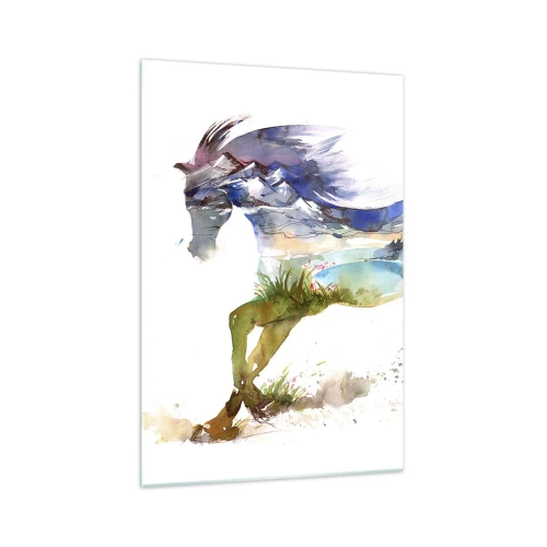 Cuadro sobre vidrio - Impresiones sobre Vidrio - Acuarela de un caballo con un paisaje de montaña en silueta. - 70x100cm - De la pradera al cielo - Decoración de pared moderna para salón y dormitorio ARTTOR