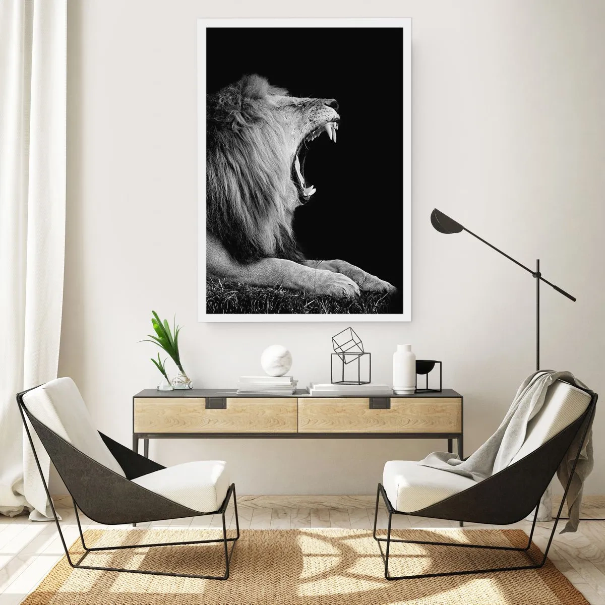 Póster - Un león rugiente en monocromo - 50x70cm - Sin duda alguna - Decoración de pared moderna para salón y dormitorio ARTTOR