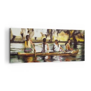 Cuadro sobre lienzo - Impresión de Imagen - Mujeres en un bote en un río tranquilo con un fondo pintoresco - 120x50cm - En un paraíso polinesio - Decoración de pared moderna para salón y dormitorio ARTTOR
