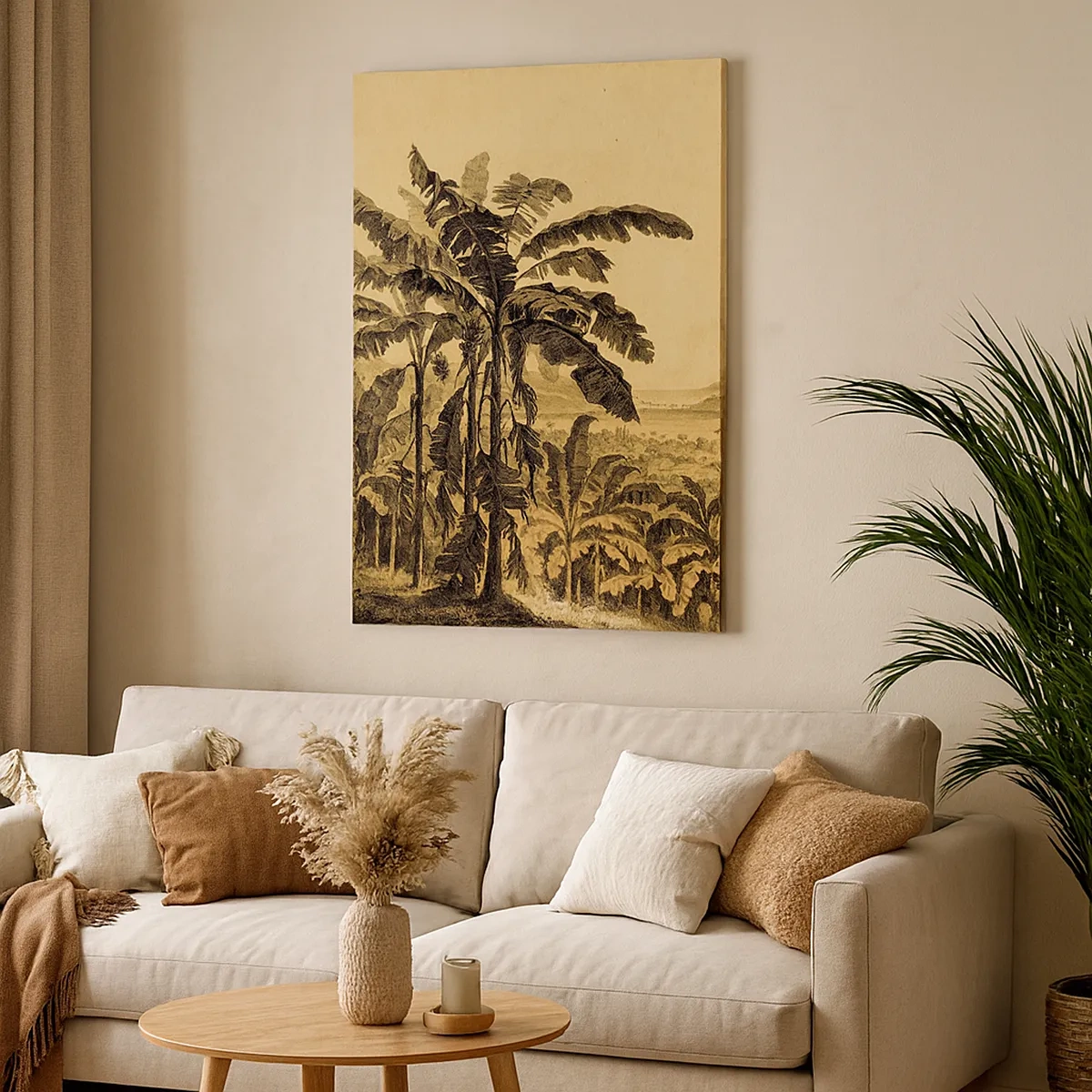 Cuadro sobre lienzo - Impresión de Imagen - Dibujo de árboles de plátano sobre un fondo de paisaje tropical. - 50x70cm - En un ambiente colonial - Decoración de pared moderna para salón y dormitorio ARTTOR