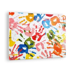 Cuadro sobre vidrio - Impresiones sobre Vidrio - Huellas de manos coloridas sobre un fondo blanco - 70x50cm - Juego de manos - Decoración de pared moderna para salón y dormitorio ARTTOR