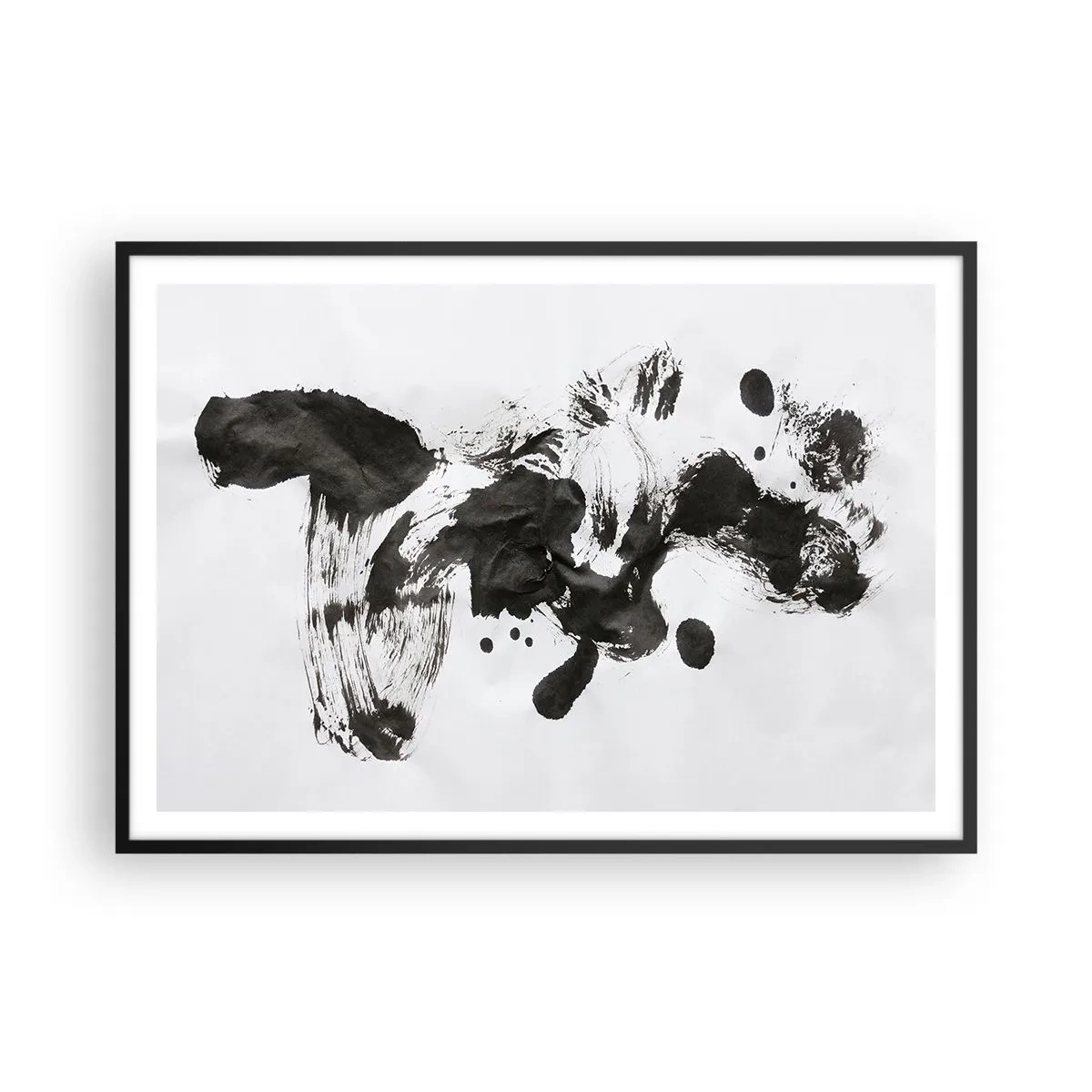 Póster en marco negro - Composición abstracta de manchas negras sobre fondo blanco. - 100x70cm - ¿Un método en la locura? - Decoración de pared moderna para salón y dormitorio ARTTOR