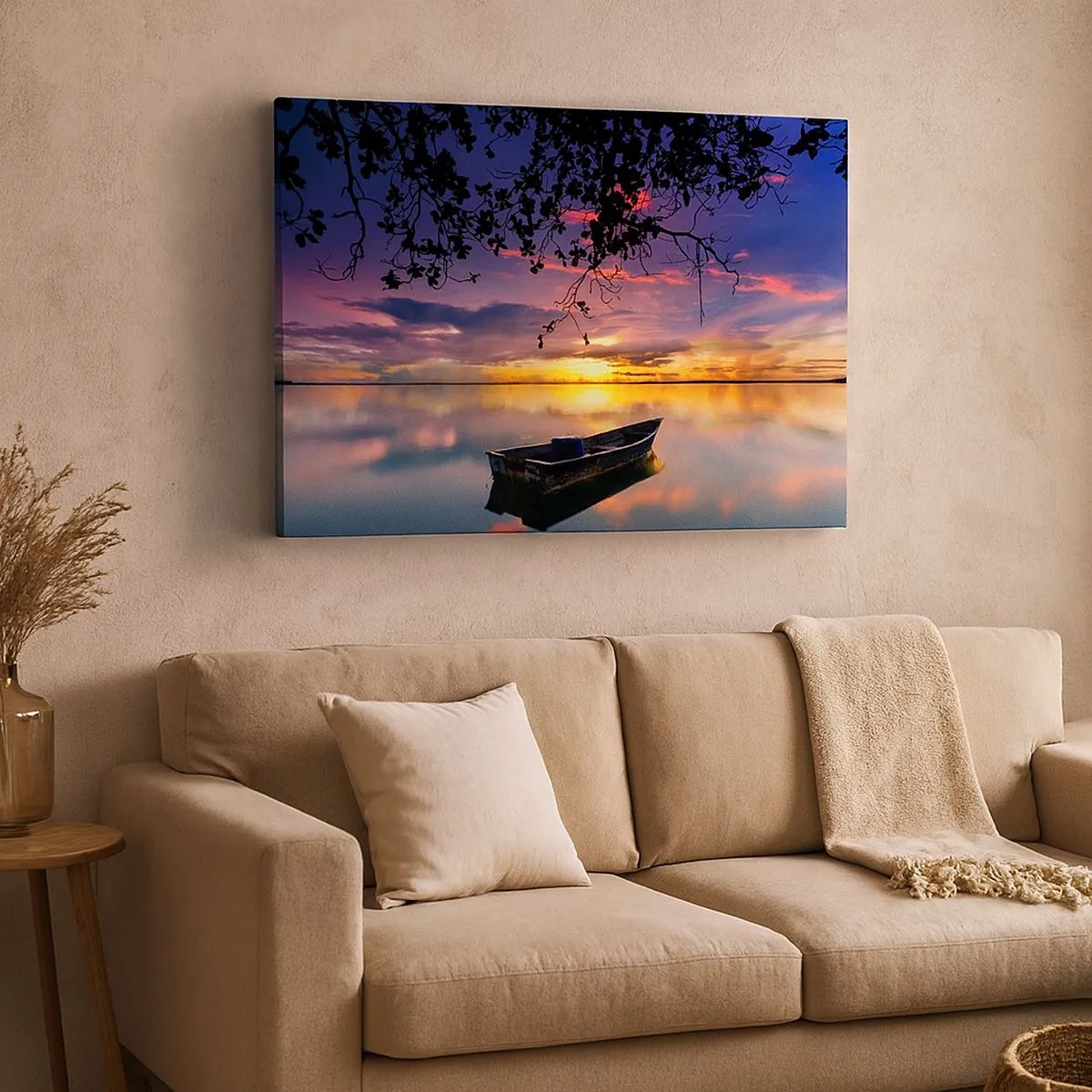 Cuadro sobre lienzo - Impresión de Imagen - Un barco en aguas tranquilas al atardecer. - 70x50cm - Un cielo de ensueño - Decoración de pared moderna para salón y dormitorio ARTTOR