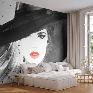 Fotomural Premium Sand - Una mujer elegante con un sombrero en estilo acuarela. - 100x70cm - Dama de negro - Decoración de pared moderna para salón y dormitorio ARTTOR