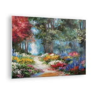 Cuadro sobre vidrio - Impresiones sobre Vidrio - Un colorido jardín forestal con flores florecientes. - 70x50cm - Jardín forestal, bosque floral - Decoración de pared moderna para salón y dormitorio ARTTOR