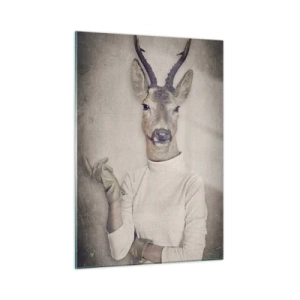 Cuadro sobre vidrio - Impresiones sobre Vidrio - Tres figuras de animales con ropa humana sobre un fondo neutro. - 50x70cm - Que los gestos hablen - Decoración de pared moderna para salón y dormitorio ARTTOR