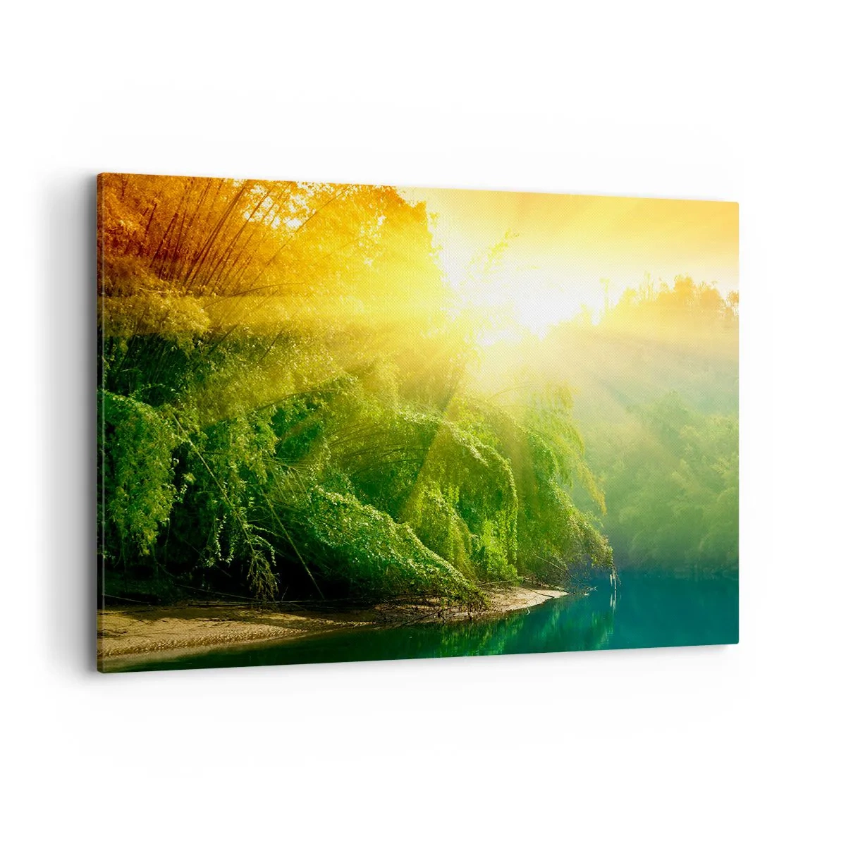 Cuadro sobre lienzo - Impresión de Imagen - Un bosque verde junto al río, iluminado por los rayos del sol naciente. - 100x70cm - Ahogarse en el sol y la sombra - Decoración de pared moderna para salón y dormitorio ARTTOR