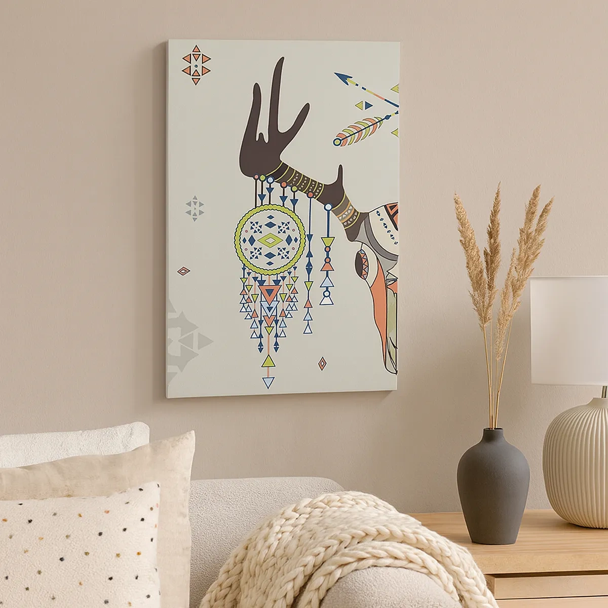 Cuadro sobre lienzo - Impresión de Imagen - Decoración boho con calavera de ciervo y atrapasueños - 50x70cm - Trofeo de cazador indio - Decoración de pared moderna para salón y dormitorio ARTTOR