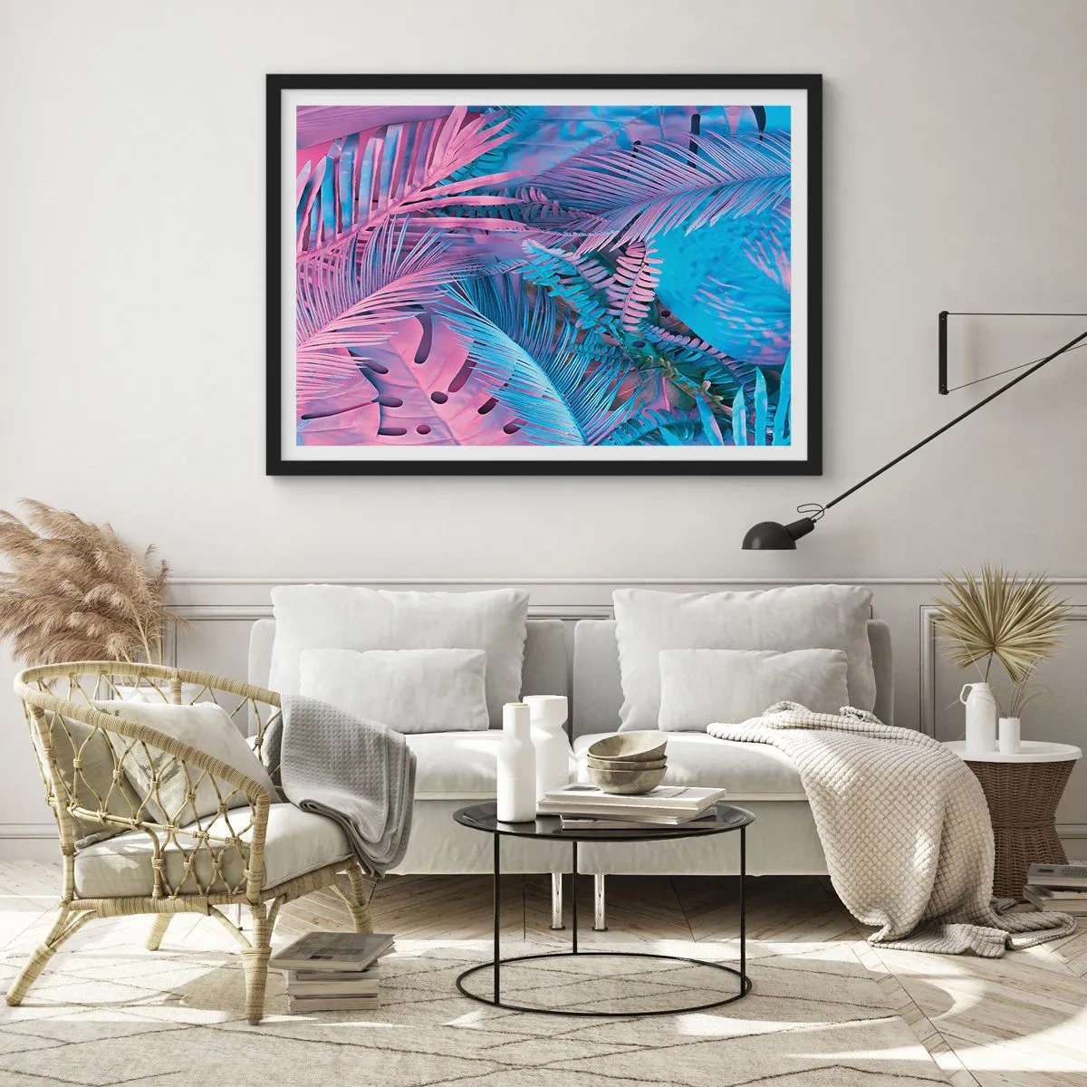 Póster en marco negro - Hojas tropicales en tonos rosa y azul. - 70x50cm - Trópicos en rosa y azul - Decoración de pared moderna para salón y dormitorio ARTTOR