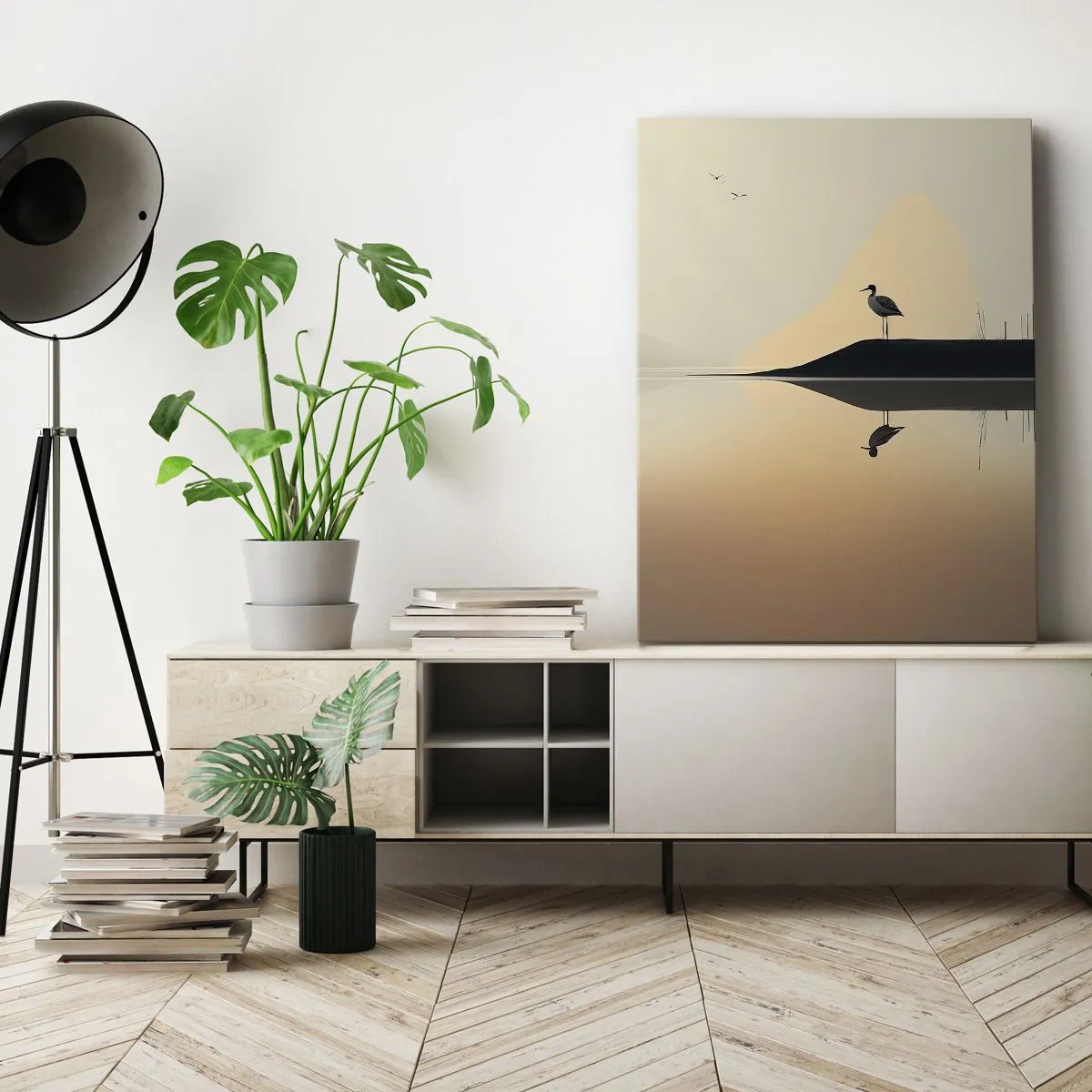 Cuadro sobre lienzo - Impresión de Imagen - Un pájaro en una isla en un lago tranquilo con tonos cálidos. - 50x70cm - Un caballero en el lago - Decoración de pared moderna para salón y dormitorio ARTTOR