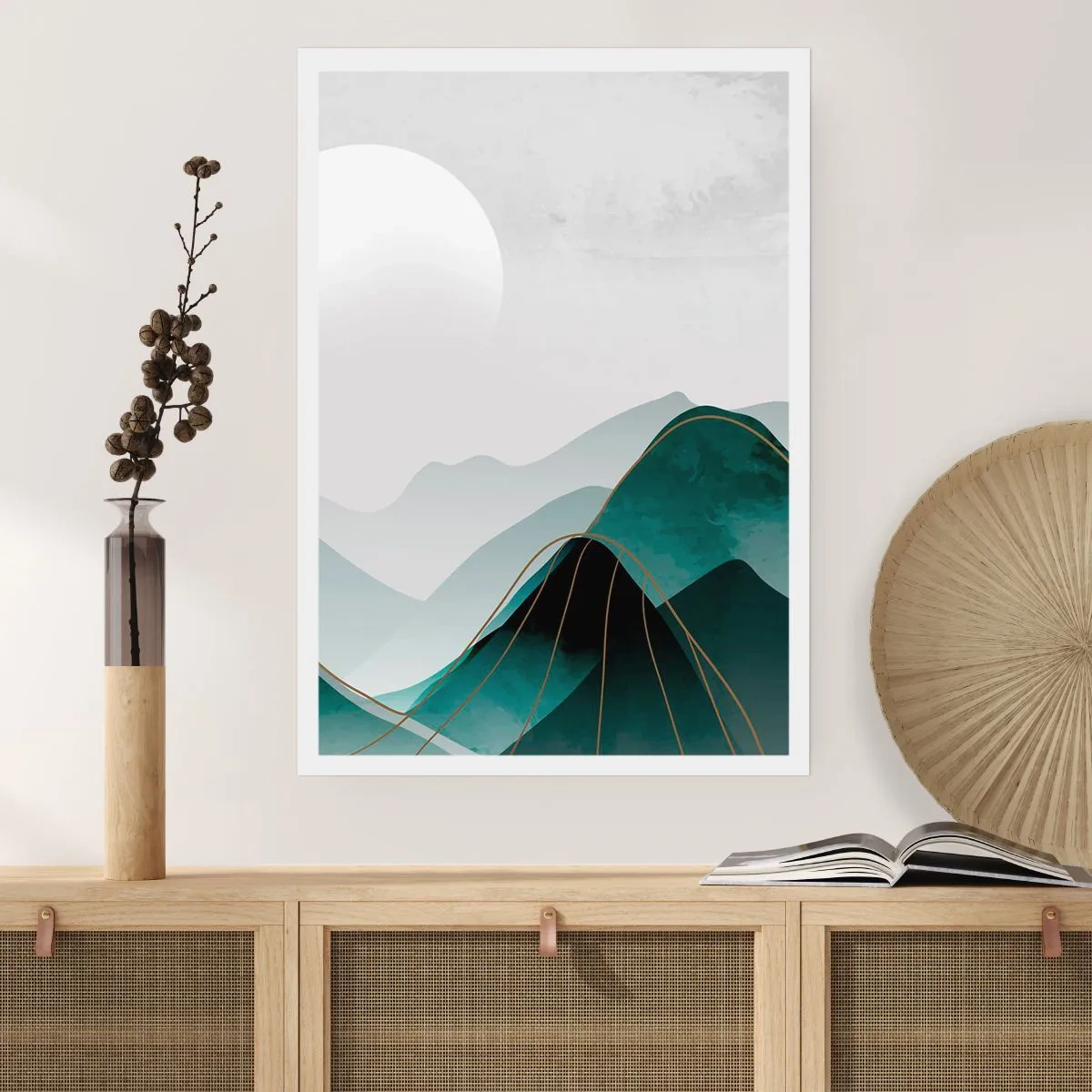 Póster - Montañas abstractas en tonos verdes con delicado dorado. - 50x70cm - Con toda la majestuosidad - Decoración de pared moderna para salón y dormitorio ARTTOR
