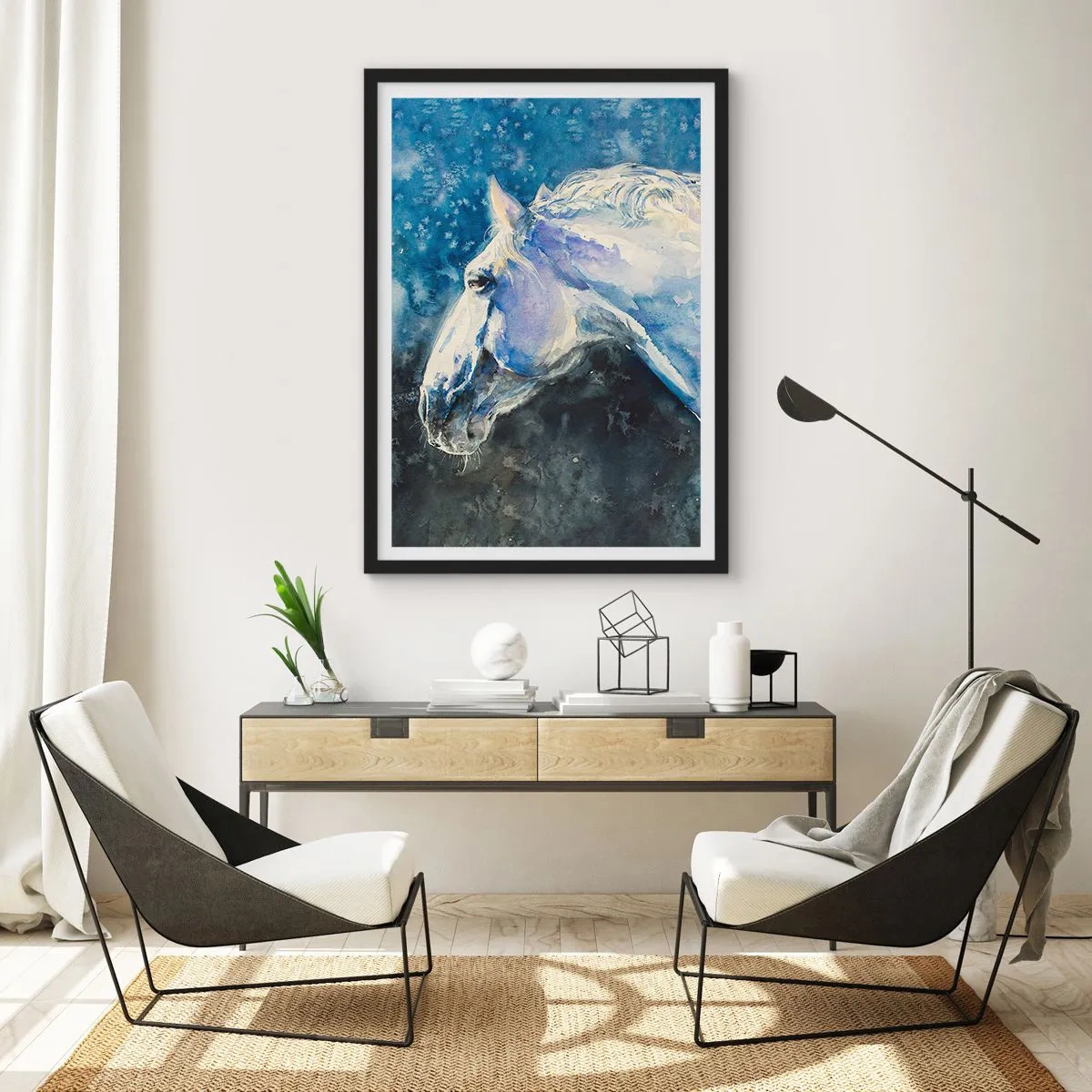 Póster en marco negro - Retrato de un caballo en tonos azules de acuarela. - 50x70cm - Retrato en un resplandor azul - Decoración de pared moderna para salón y dormitorio ARTTOR