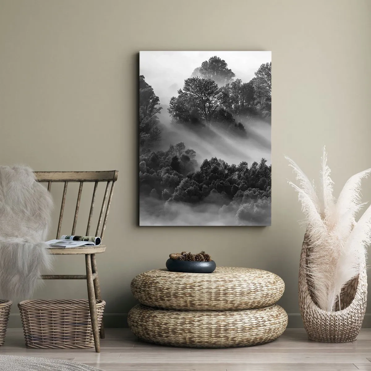 Cuadro sobre lienzo - Impresión de Imagen - Paisaje forestal en blanco y negro en la niebla matutina - 50x70cm - Levantarse del sueño - Decoración de pared moderna para salón y dormitorio ARTTOR