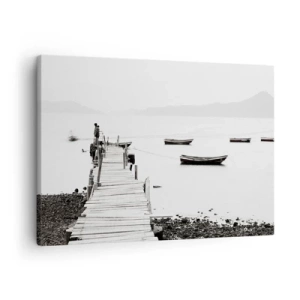 Cuadro sobre lienzo - Impresión de Imagen - Muelle de madera y barcos en aguas tranquilas - 70x50cm - Junto al agua tranquila y clara - Decoración de pared moderna para salón y dormitorio ARTTOR