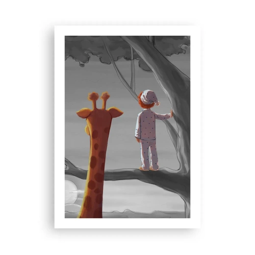 Póster - Un niño en pijama y una jirafa en un árbol en un paisaje gris y naranja. - 50x70cm - ¿Está sucediendo de verdad? - Decoración de pared moderna para salón y dormitorio ARTTOR