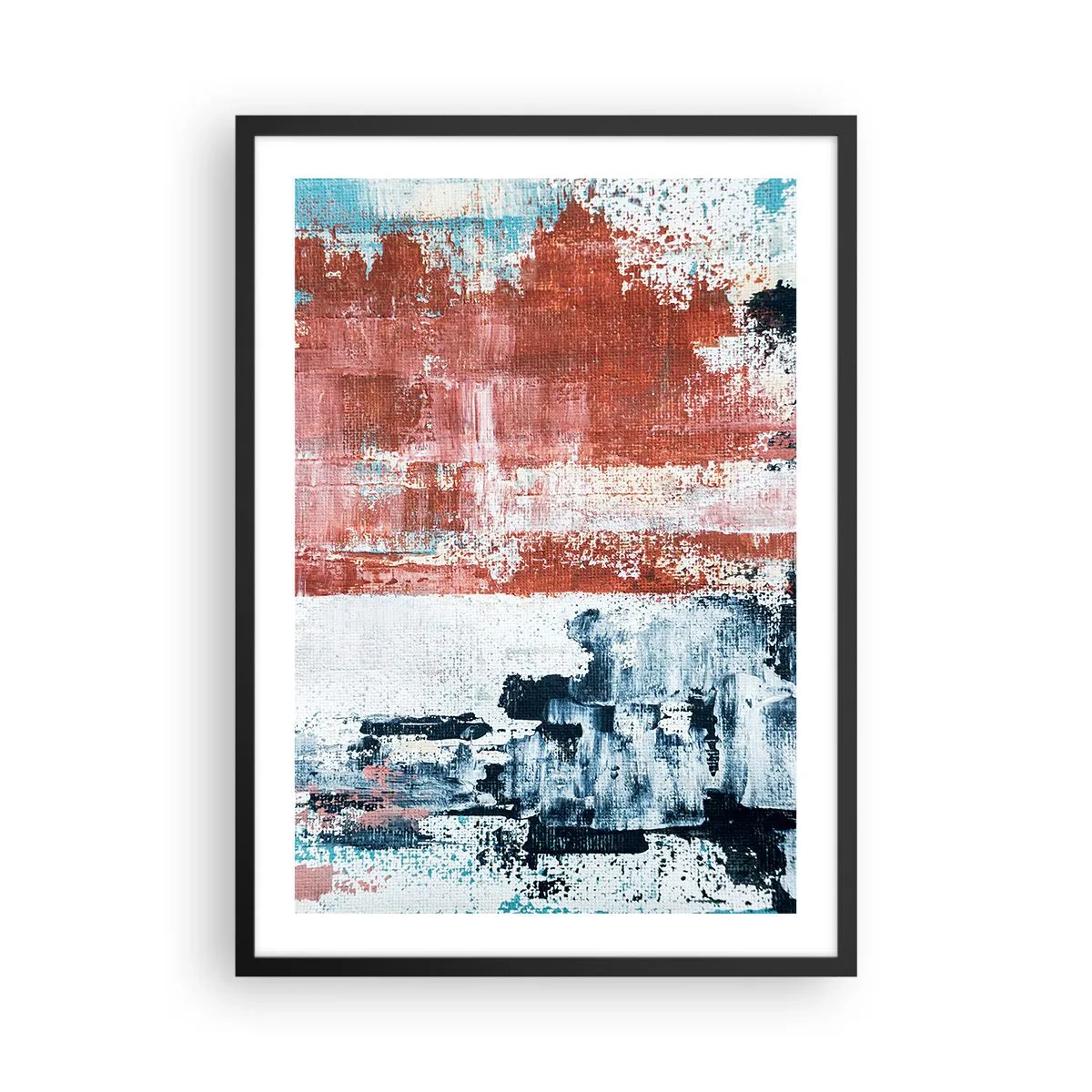 Póster en marco negro - Composición abstracta en tonos rojo, blanco y azul. - 50x70cm - Mitad abstracción, mitad abstracción - Decoración de pared moderna para salón y dormitorio ARTTOR