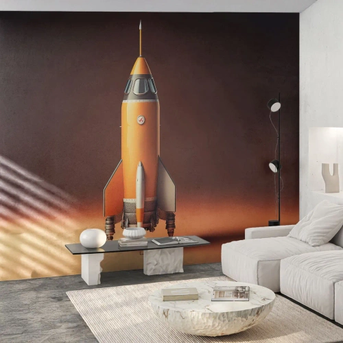 Fotomural Premium Sand - Cohete naranja sobre un fondo marrón en estilo retro - 100x70cm - Comienza con un sueño - Decoración de pared moderna para salón y dormitorio ARTTOR