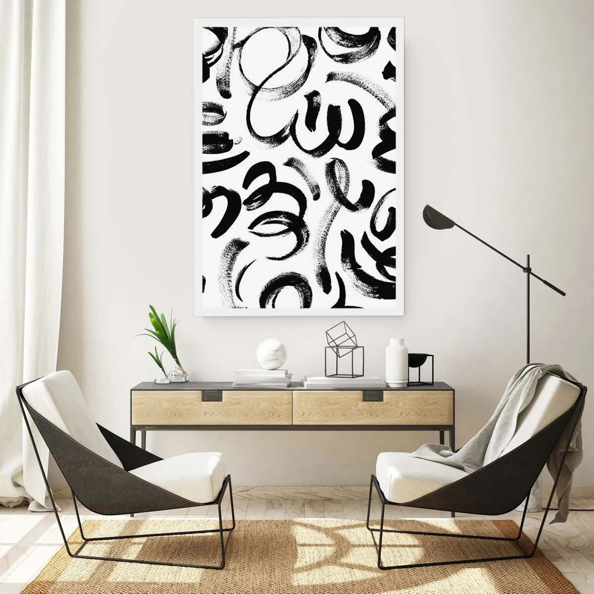 Póster - Pinceladas negras abstractas sobre un fondo blanco - 50x70cm - Negro sobre blanco - Decoración de pared moderna para salón y dormitorio ARTTOR